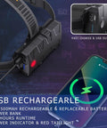 Beast Mode 90000 Lumen Rechargeable Headlamp with USB charging feature and battery indicator beside a smartphone showing charging status.