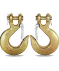 Two Pack Heavy Duty Clevis Hooks Three Eighths Inch Forged Steel With Safety Latch G70 Rated 18000 Lbs Capacity Metal Chain Hooks