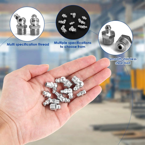 Hand holding 9 Type Galvanized Metal Grease Fittings Kit For Grease Guns Pro Grade Zerk Set M6 M8 M10 45 And 90 Degree Fittings