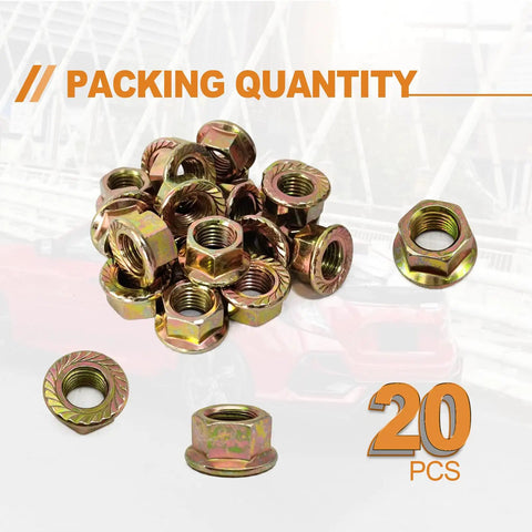 Thirty Piece Heavy Duty Exhaust Serrated Spin Hex Lock Nuts M10x1.25 stacked, showing 20 durable automotive fasteners.