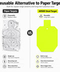 Comparison of paper target and Neon Color AR500 Steel Target for Rifle Range Day Practice, Three Eighths Inch Target Plate With One Half Inch Backer, High Visibility Silhouette Gong Built for Rugged Outdoor Range Sessions.