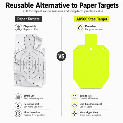 Comparison of paper target and Neon Color AR500 Steel Target for Rifle Range Day Practice, Three Eighths Inch Target Plate With One Half Inch Backer, High Visibility Silhouette Gong Built for Rugged Outdoor Range Sessions.