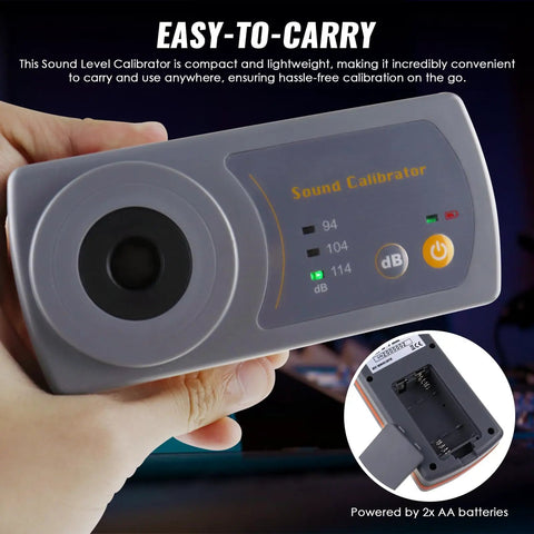 Person holding Pro Grade Sound Calibrator For Sound Level Meters With Three Calibration Levels 114dB 104dB And 94dB At 1000 Hz