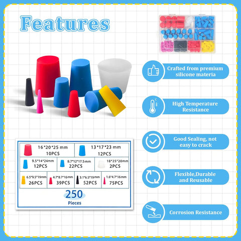 250 Piece Silicone Tapered Plug Kit With 9 Sizes For Heat Resistant Masking Up To 600 Degrees F Perfect For Powder Coating Painting Electroplating And Anodizing Jobs Without Leaking Or Failure On A Dime, assorted silicone plugs