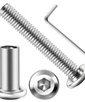 No Sweat M6 X 40 mm Countersunk Flat Head Screws And Barrel Nuts Pack With Hex Wrench For Cabinet And Crib Assembly Premium 304 Stainless Steel components including screw, barrel nut, and hex wrench.