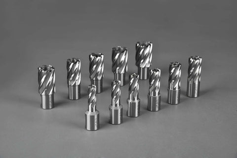 Annular cutter set, 13 pcs, Weldon shank, HSS for mag drill press, diameter range 7/16–1-1/16 in.