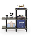 Three Tier Ladder Shelf Cube Bookcase For Bedroom Living Room Or Home Office Slick French Oak Grey With Black Tubes arranged with toys and decor.