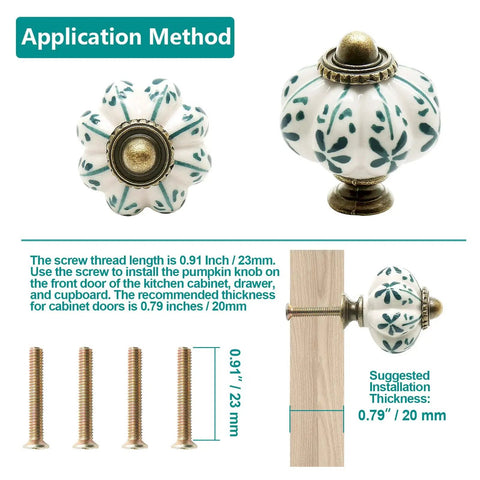 Ivory Pumpkin Ceramic Cabinet Knobs Set 12 Piece Vintage Leaf Pattern Drawer Pulls with mounting screws detail and size guide