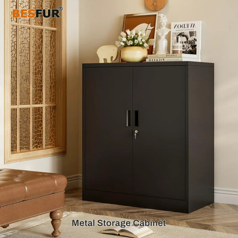 Heavy Duty 36 Inch Black Metal Storage Cabinet With Locking Doors, 2 Adjustable Shelves, in home setting