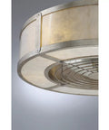 Slick Mid Century Modern Fandelier Ceiling Fan With Remote Control Mica Drum Pendant Light Silver Dust Finish view of drum shade and fan mechanism.