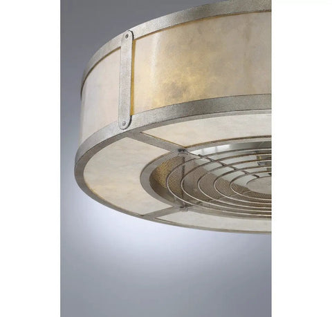 Slick Mid Century Modern Fandelier Ceiling Fan With Remote Control Mica Drum Pendant Light Silver Dust Finish view of drum shade and fan mechanism.