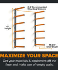 Diagram of wood organizer and lumber storage rack with six level wall storage shelves in bright orange, showing dimensions and mounting instructions.