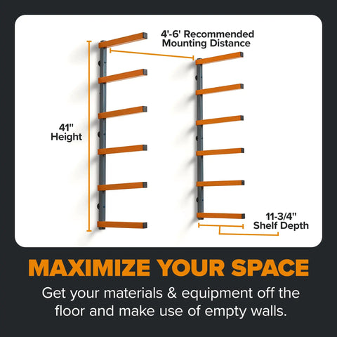 Diagram of wood organizer and lumber storage rack with six level wall storage shelves in bright orange, showing dimensions and mounting instructions.