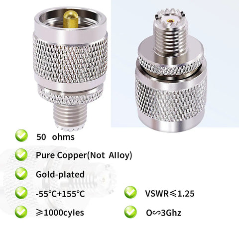 Close-up of Two Pack PL259 To Mini UHF Coax Adapter Set with gold plated pins, nickel plated body, 50 Ohm specification details.