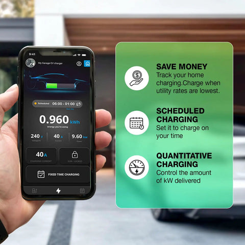 App interface for 40A Level 2 EV Charger for Home 240V Smart Charging With Adjustable Amps 8A to 40A on smartphone screen