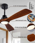 Cool 52 Inch Wood Ceiling Fan With Light Remote, Quiet DC Motor, 3 Solid Wood Blades In Black And Dark Walnut