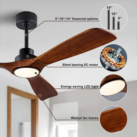 Cool 52 Inch Wood Ceiling Fan With Light Remote, Quiet DC Motor, 3 Solid Wood Blades In Black And Dark Walnut