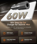Ride Ready Vehicle Power Converter 12V To 30V Step Up Adapter 60W Cigarette Lighter Plug for Starlink Mini charging.