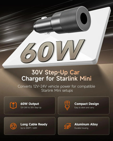 Ride Ready Vehicle Power Converter 12V To 30V Step Up Adapter 60W Cigarette Lighter Plug for Starlink Mini charging.
