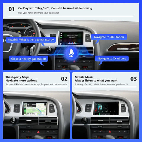 Wireless CarPlay And Android Auto Retrofit Kit For Audi A6 S6 (2010-2011) And Audi Q7 (2010-2015) With Factory MMI 3G System Decoder Box Upgrade MirrorLink Support For Enhanced Infotainment installed in Audi dashboard.