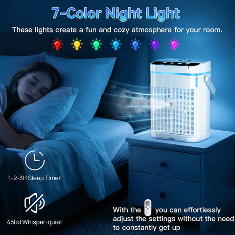 Chill Fast Portable Mini Air Conditioner With 40oz Water Tank Three Fan Speeds Three Cool Mist Modes One To Three Hour Timer Seven LED Lights on bedside
