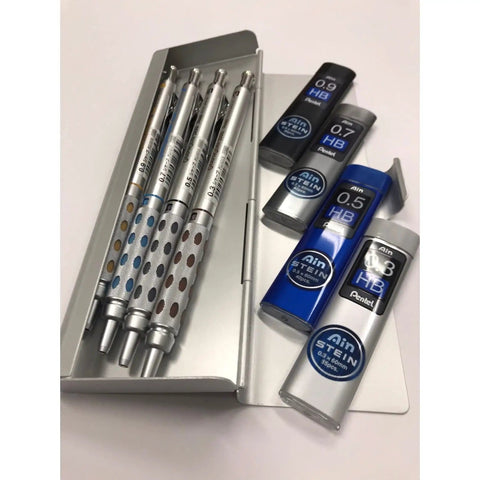 Ultimate Drafting Pencil Set With 0.3mm 0.5mm 0.7mm And 0.9mm Leads, Four Refills And Silver Finish Case, open view