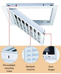 Top Notch Metal Attic Access Panel Door 26x30 Inch White Drywall Flush Mount with door hinges and mounting holes visible.