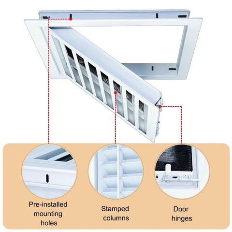 Top Notch Metal Attic Access Panel Door 26x30 Inch White Drywall Flush Mount with door hinges and mounting holes visible.