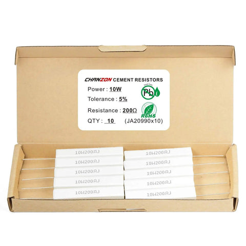 Open box of 10 Pack 10W Ceramic Cement Resistors 200 Ohm Wirewound With 5 Percent Tolerance For DIYers And Hobbyists High Temperature Use In Induction Circuits 200R