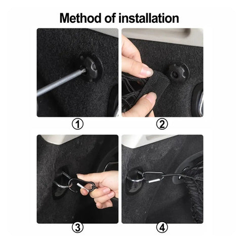 Installation steps for Three Compartment Hammock Cargo Net For Tesla Cybertruck 2024 Plus Trucks with mounting buttons.