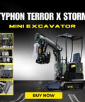 Storm X Terror Mini Excavator 1 Ton Trench Digger with canopy, shown on display with wide bucket and compact design for small projects.
