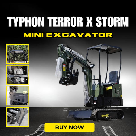 Storm X Terror Mini Excavator 1 Ton Trench Digger with canopy, shown on display with wide bucket and compact design for small projects.