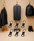 6 Pack Black Detachable Zipper Pull Replacements Kit For Jackets, Pants, Coats, Shoes, Bags And Luggage displayed with accessories