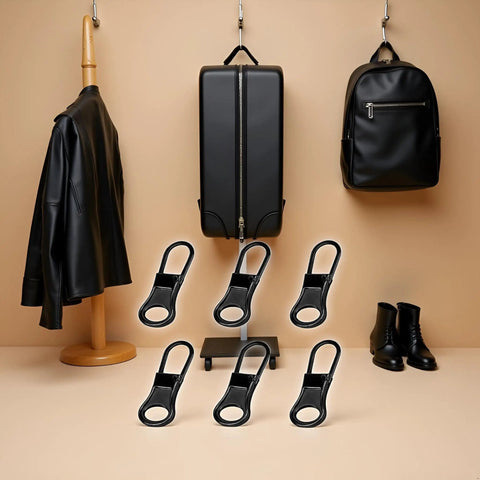 6 Pack Black Detachable Zipper Pull Replacements Kit For Jackets, Pants, Coats, Shoes, Bags And Luggage displayed with accessories