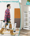 7 In 1 Folding Ladder With 15 Foot Reach Aluminum Construction For Indoor And Outdoor Use Multi Position A Frame Scaffold Stairway Platform Overhang M Shape Non Slip Feet Safety Lock Heavy Duty Frame 330 Pound Capacity, man carrying folded ladder