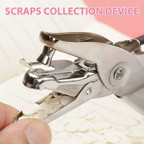 Close-up of One Quarter Inch Single Hole Punch With Soft Grip Handles, showing metal design and scraps collection feature.