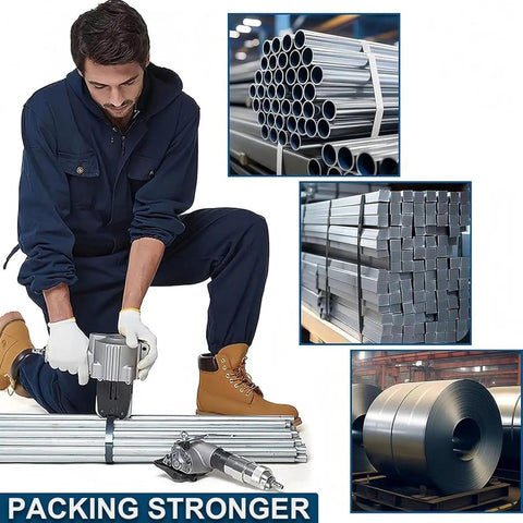 Pro Grade Pneumatic Steel Strapping Machine With Split Tensioner Sealer 19Mm Metal Banding Tool in use strapping metal rods.