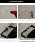 Installation steps for 4 Pack 100W LED Flood Lights Outdoor, showing drilling, securing parts, and adjusting angles.