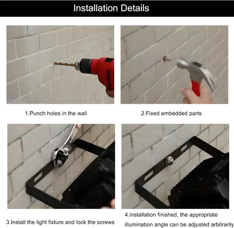 Installation steps for 4 Pack 100W LED Flood Lights Outdoor, showing drilling, securing parts, and adjusting angles.