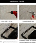 Installation details of 2 Pack 250W LED Flood Lights Outdoor With US Plug, drill, hammer, wall mount fixture, screwdriver step-by-step