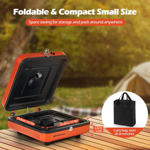 Portable Two Burner Camping Stove Propane 17000 BTU Per Hour Outdoor Stove with collapsible design and stable grilling surface.