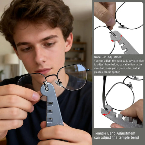 Person using All In One Eyeglass Frame Adjustment Tool For DIY Glasses Repair Curvature Bender For Temple Arms And Nose Pads Precision Tweaks