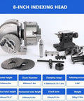 Rugged Dividing Head With Three Jaw Chuck Set For Milling Machines Featuring Four To Eight Inch Rotary Table And One Ninety Reduction Ratio, 8-inch indexing head with accessories.