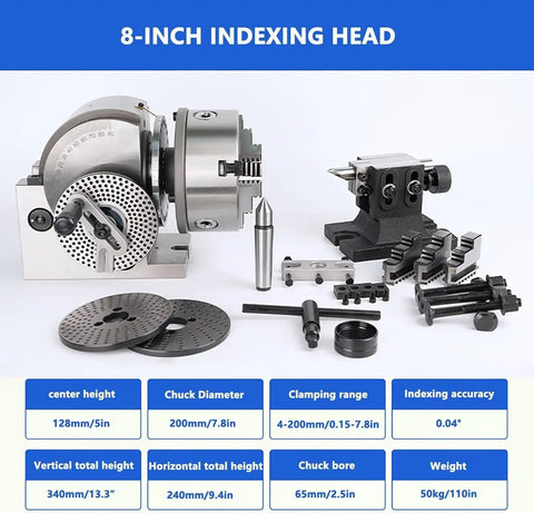 Rugged Dividing Head With Three Jaw Chuck Set For Milling Machines Featuring Four To Eight Inch Rotary Table And One Ninety Reduction Ratio, 8-inch indexing head with accessories.