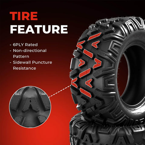 Close-up of All Terrain Mud Tires Set Of 4 For ATV UTV Front 27x9-12 And Rear 27x11-12 6 Ply Tubeless With Non Directional Tread