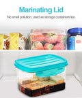 Refrigerator with marinating tofu in a container, showcasing Vegan Adjustable Tofu Press For Quick Water Removal in 10-30 minutes.
