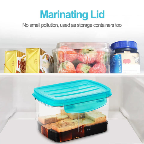 Refrigerator with marinating tofu in a container, showcasing Vegan Adjustable Tofu Press For Quick Water Removal in 10-30 minutes.