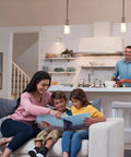 Reliable Wall Dimmer Switch For Dimmable LED CFL And Halogen Bulbs With Frustration Free Hookup And Buttery Smooth Control For Single Pole Or Three Way Installations In Solid Midnight Trim in a cozy family living room.