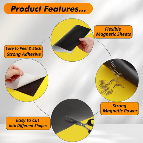Adhesive Magnetic Sheets 8.5 X 11 Inches, 50 Pack, 30 Mil showing flexible, strong adhesive, easy cutting, and magnetic power for crafts