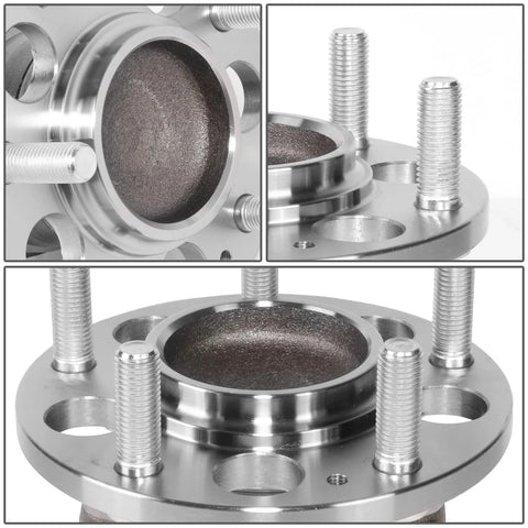 Drop-In Rear Wheel Bearing Hub Assembly For Hyundai Elantra 2011-2017, Elantra GT 2013-2017, Veloster 2012-2017, Forte 2014-2018, Forte5 2012-2018, Premium Steel Replacement, OE-Style Hub Bearing showing close-up of studs and bearing holder.